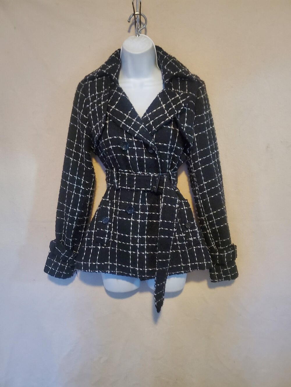 Poetry Tweed Black & White Plaid Belted Double Breasted Peacoat Jacket